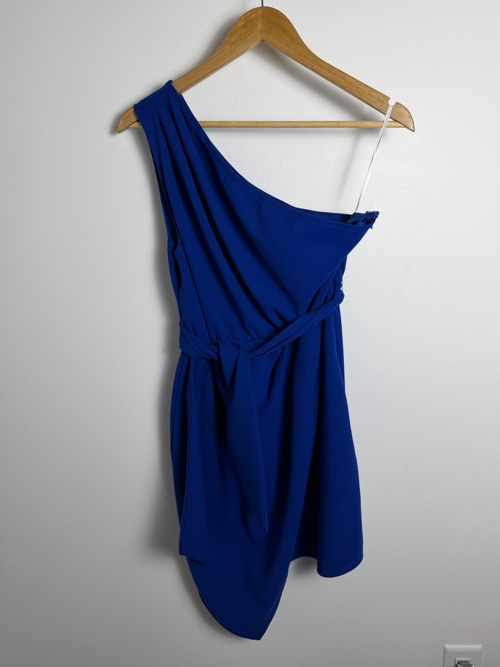 Cobalt Blue One Shoulder Draped Belted Mini Dress XL